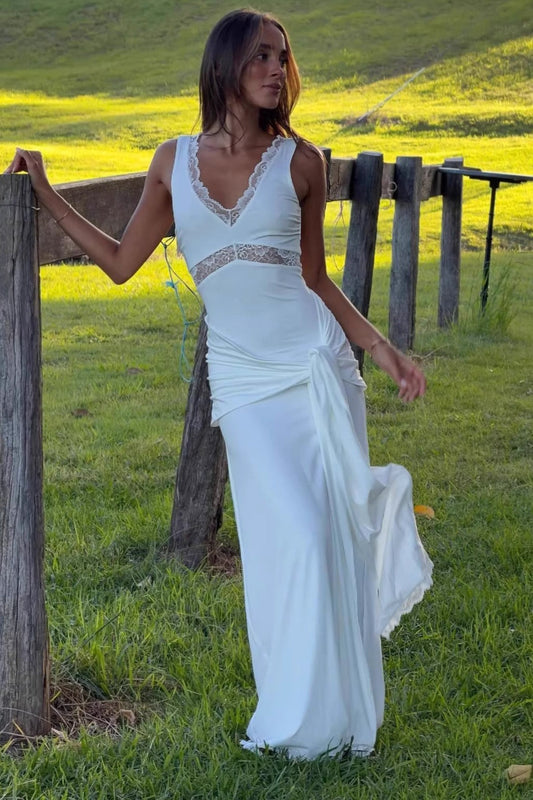 Lace Panel Bodycon With Tie Straps Maxi Dress