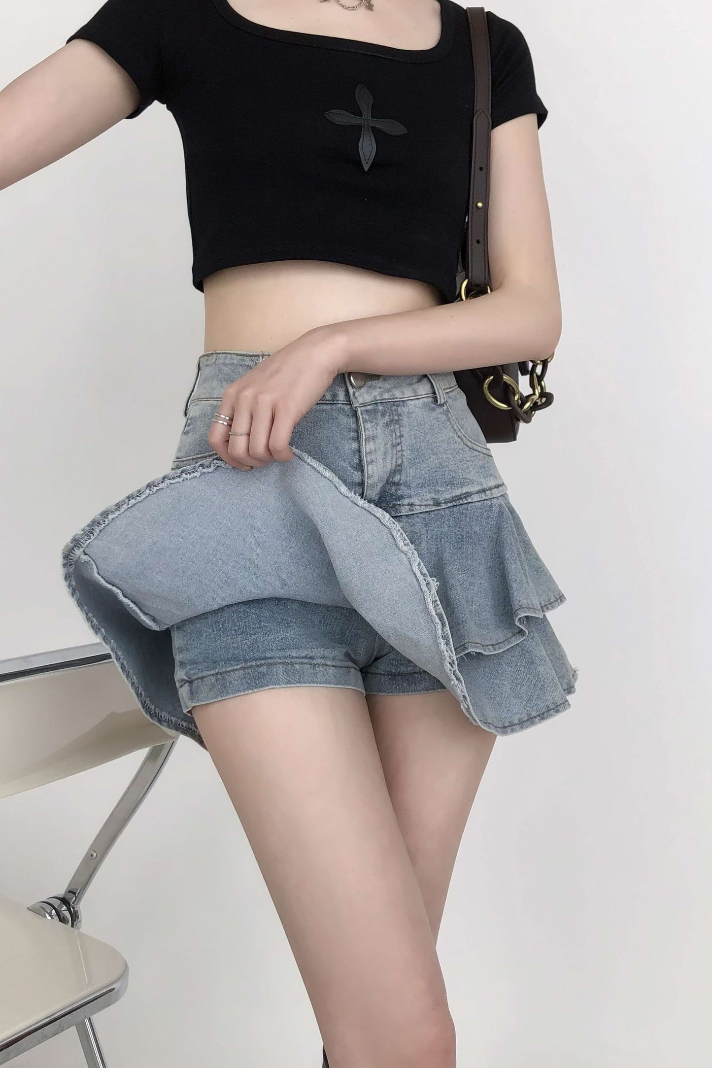 Layered Denim Ruffle Mini Skirt