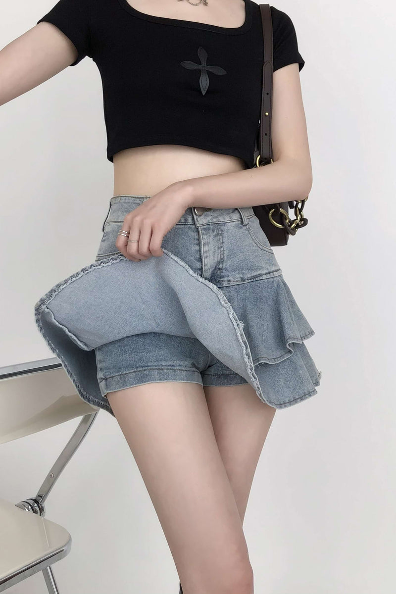 Layered Denim Ruffle Mini Skirt
