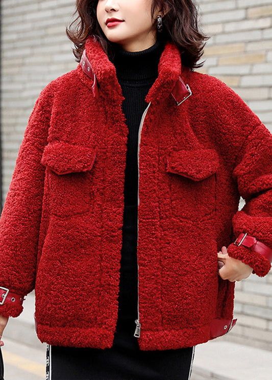 Loose Red Zippered Patchwork Teddy Faux Fur Coat Winter Ry001