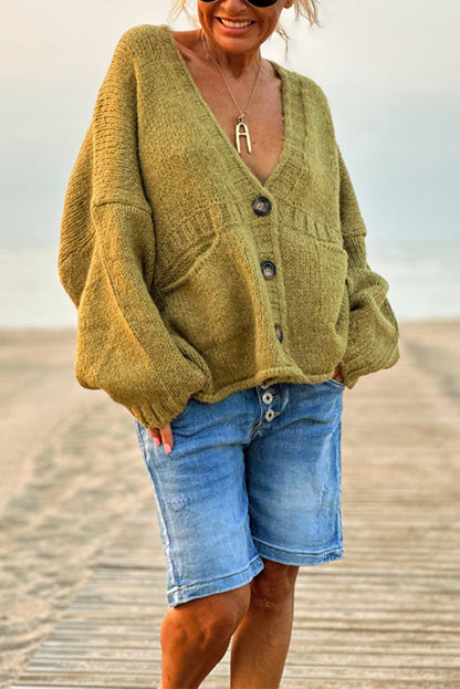 Color Loose Long Sleeve V-neck Pocket Knitted Sweater Cardigan