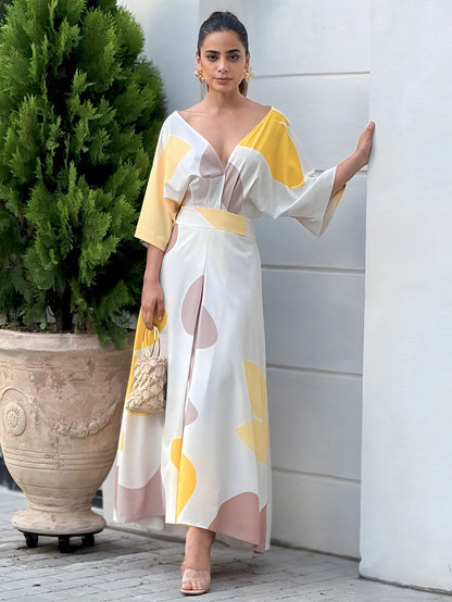 Loose Raglan Sleeve High-waisted Printed Deep V-neck Maxi Dresses