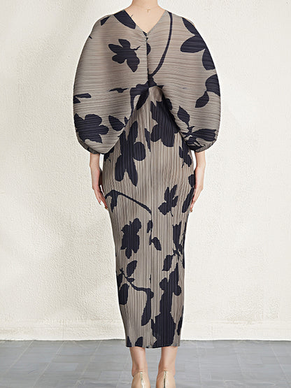 Batwing Sleeves Loose Pleated Printed V-neck Midi Dresses