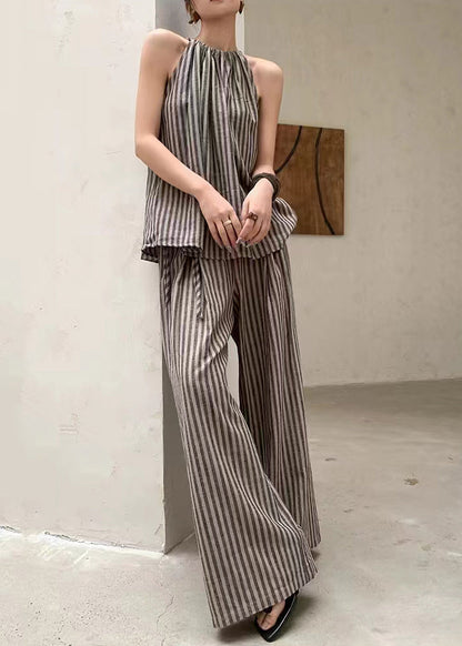 French Coffee Striped Top Wide Leg Pants Two Piece Set Summer Ee055