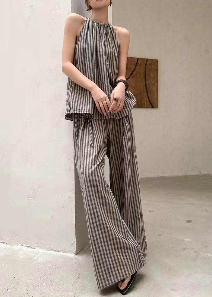 French Coffee Striped Top Wide Leg Pants Two Piece Set Summer Ee055