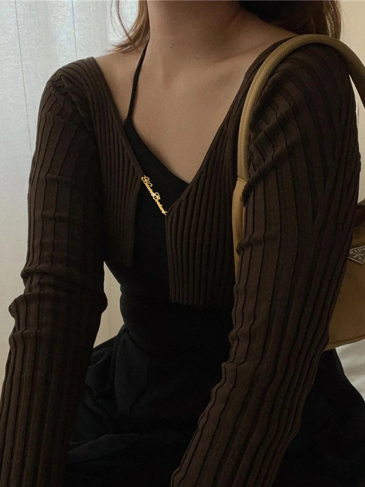 Ribbed Knit Cropped Tops Knitted Long Sleeve Cardigan Sweaters for Shirts Pullovers Spring