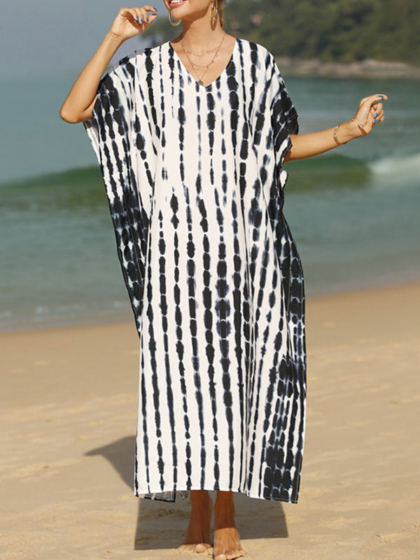 Loose Short Sleeves Printed Split-side Sun Protection V-neck Maxi Dresses
