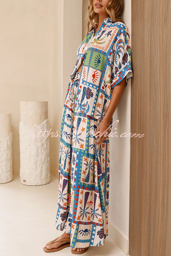 Unique Print Lapel Short Sleeve Loose Shirt and Elastic Waist Pocket Wide Leg Pants Set