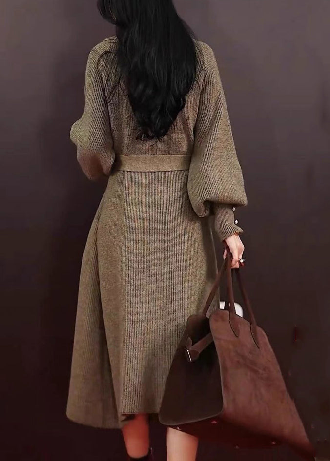 Grey Peter Pan Collar Pockets Tie Waist Knit Long Coats Winter Wd039