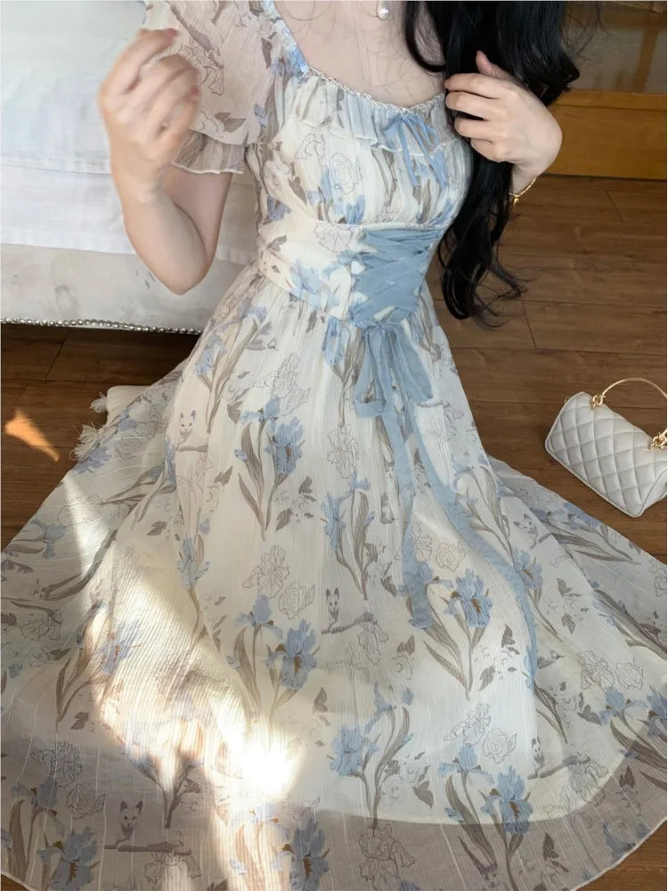Y2k Midi Dress Kawaii Lolita Lace-up Square Collar High Waist Princess Evening Party Dresses Prom Robe Vestido New