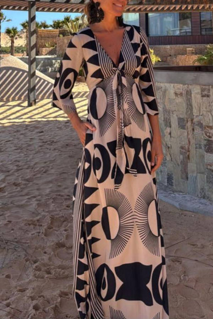 Unique Print V-neck Tie Loose Pocket Maxi Dress
