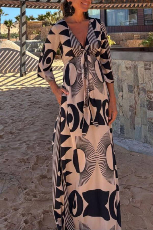 Unique Print V-neck Tie Loose Pocket Maxi Dress