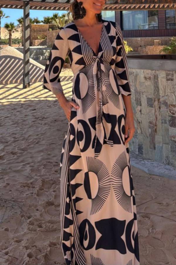 Unique Print V-neck Tie Loose Pocket Maxi Dress