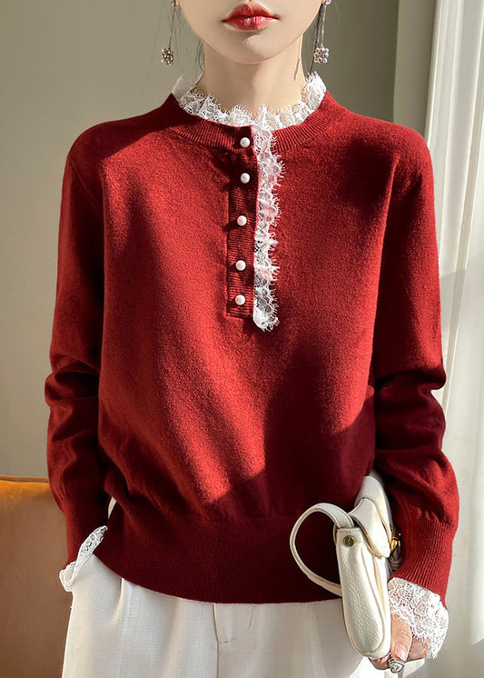 Red Lace Patchwork Wool Knit Sweaters Fall Qp065