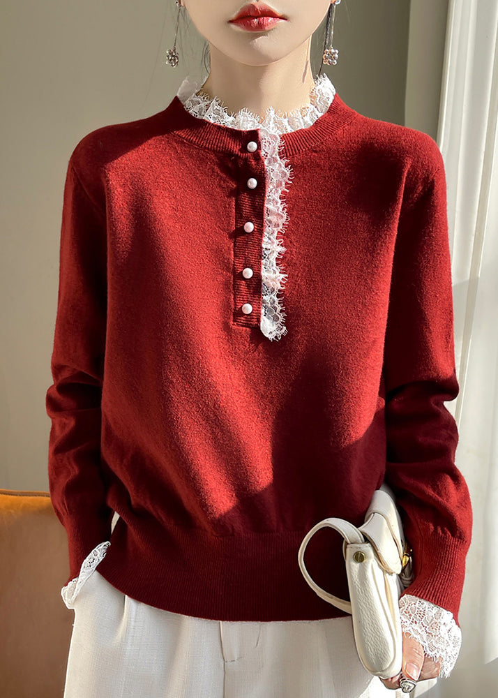 Red Lace Patchwork Wool Knit Sweaters Fall Qp065