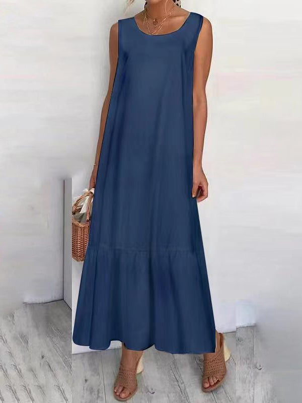 Loose See-through Color Split-joint Round-neck Maxi Dresses