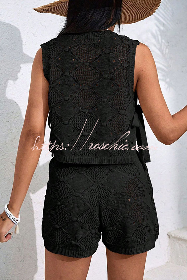 Color Sleeveless Tie Knitted Vest and Loose Elastic Waist Drawstring Shorts Set