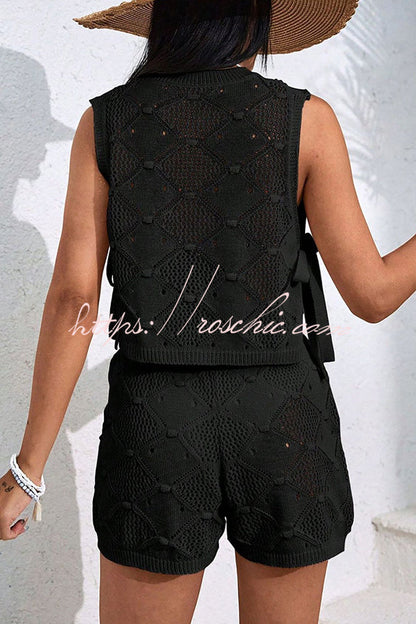 Color Sleeveless Tie Knitted Vest and Loose Elastic Waist Drawstring Shorts Set