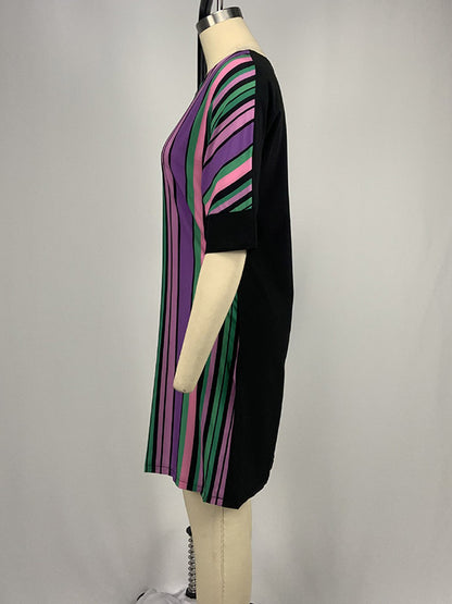 A-line Half Sleeves Asymmetric Contrast Color Striped Round-neck Mini Dresses