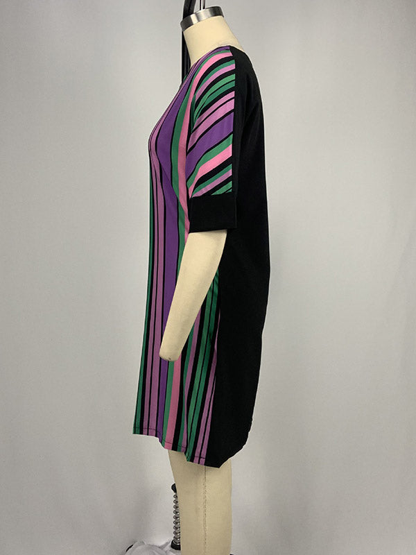 A-line Half Sleeves Asymmetric Contrast Color Striped Round-neck Mini Dresses