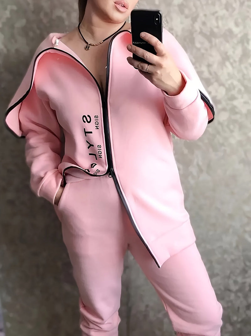 Zipper Back Drop Shoulder Hoodie & Elastic Waist Pants Outfits Fy8741