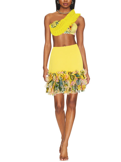 Ruffle One-shoulder Swimsuit and Skirt