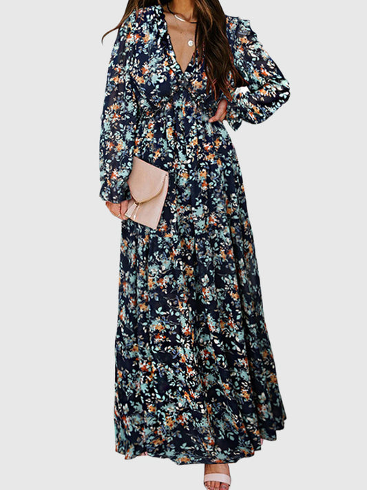 High Waisted Long Sleeves Flower Print Pleated Ruffled V-neck Maxi Dresses