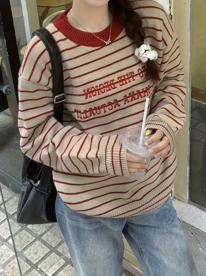 Letter Pattern Striped Pullover Sweater Kr9143