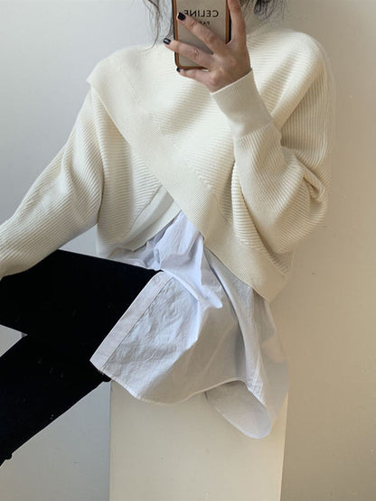 Urban White High-neck Split-front Long Sleeve Crop Sweater An1034