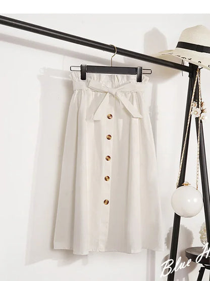 Summer Autumn Skirts Midi Knee Length Korean Button High Waist Skirt Female Pleated School Skirt