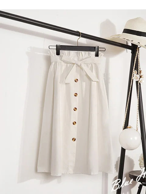 Summer Autumn Skirts Midi Knee Length Korean Button High Waist Skirt Female Pleated School Skirt