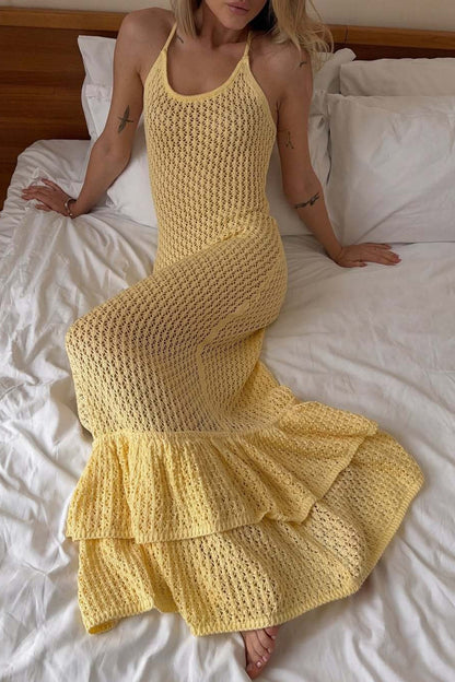 Ruffle Knit Cutout Sheer Cami Maxi Dress