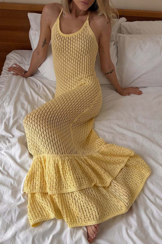 Ruffle Knit Cutout Sheer Cami Maxi Dress