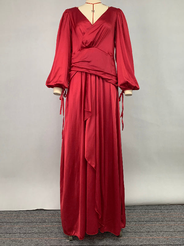 Look-thin Pleated Color V-cut Long Sleeves Maxi Dresses