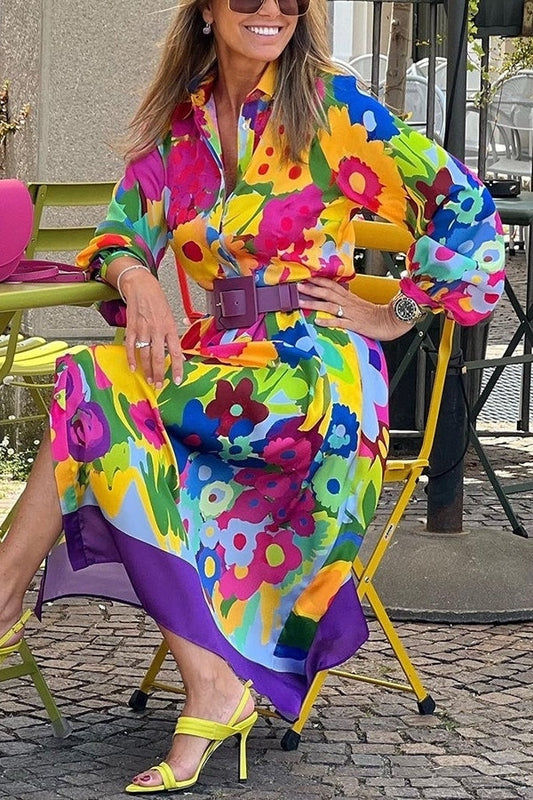 Enjoy Each Day Satin Multi Printed Shirt Midi Dress
