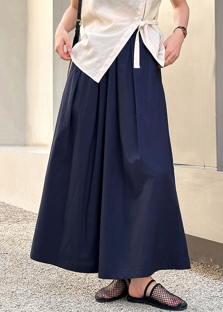 New Navy Pockets Elastic Waist Cotton Crop Pants Summer Af1077