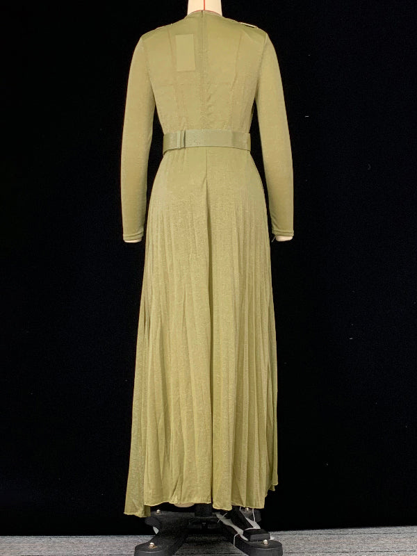 Long Sleeves Wrap Belted Pleated Color Split-side V-neck Evening Dresses Maxi Dresses
