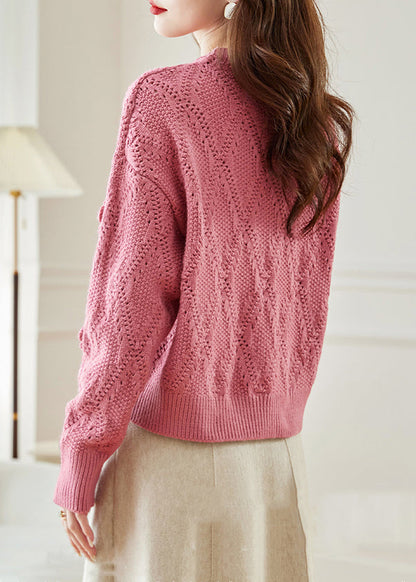 Pink Hollow Out Knit Sweaters Fall Qc033