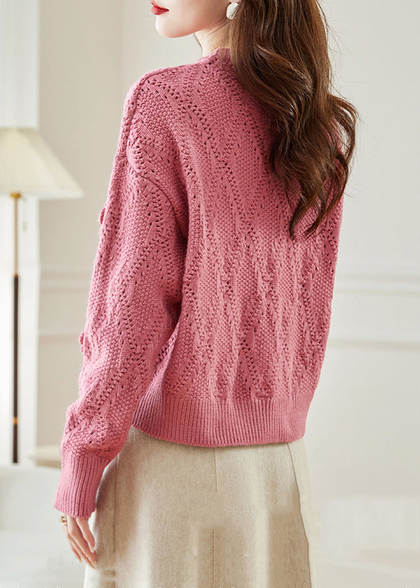 Pink Hollow Out Knit Sweaters Fall Qc033