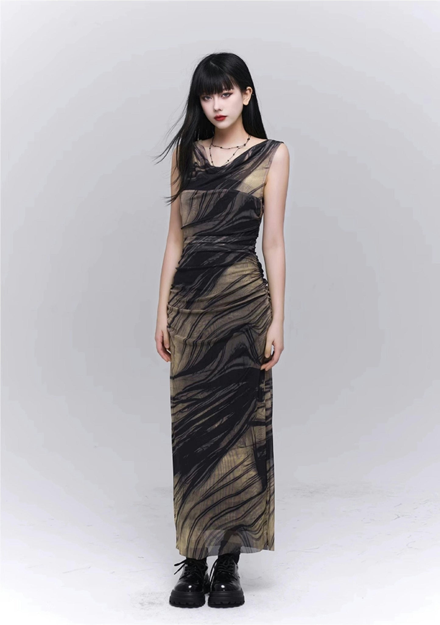 Marble Print Mesh Maxi Dress