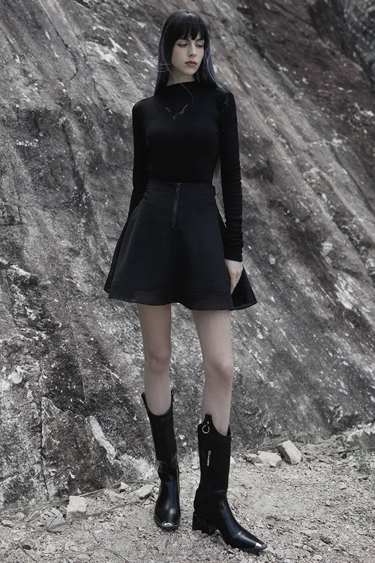 Large-hole Mesh Stitching Sun-hem Twill Chiffon Gothic Daily Black Mini Skirt