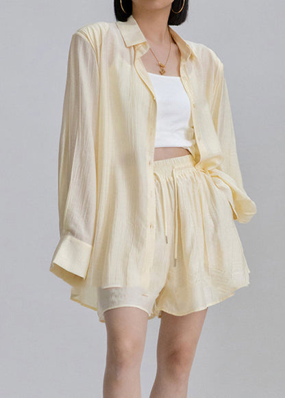 White Peter Pan Collar Shirts and Shorts Two Pieces Set Long Sleeve An1031