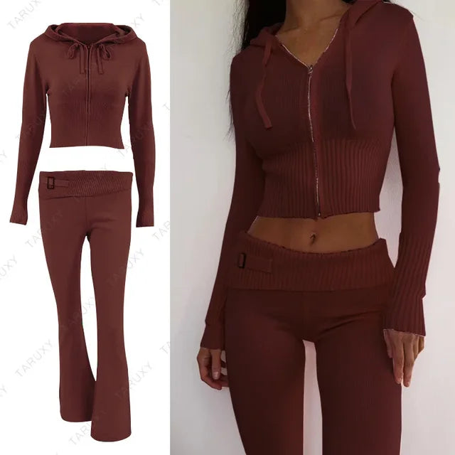 New Knitted Hoodie Cropped Top and Pants Sets White Y2k Outfits Low Waist Knit Two Piece Sets for Tracksuit