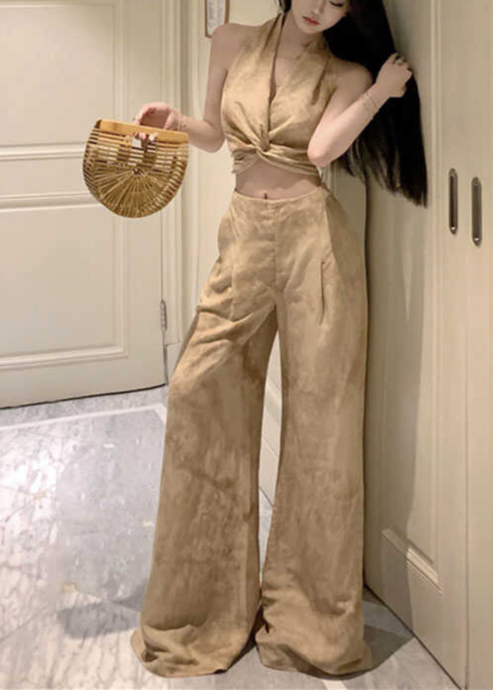 Original Design Halter Print Wrinkled Vest and Wide Leg Pants Two Pieces Set Sleeveless An1008