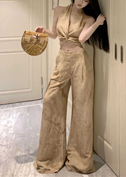 Original Design Halter Print Wrinkled Vest and Wide Leg Pants Two Pieces Set Sleeveless An1008