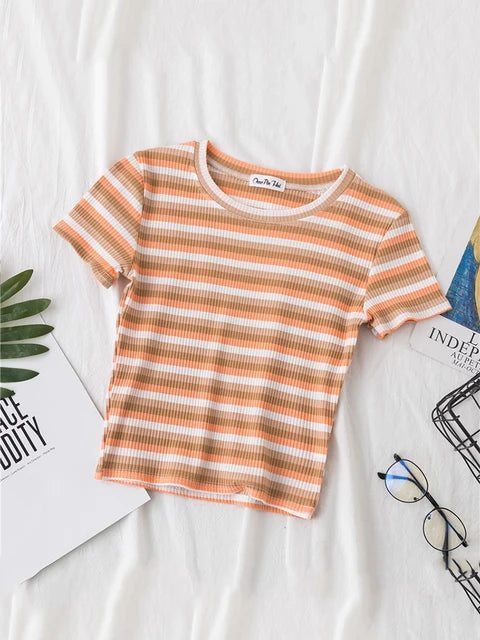 New T Shirt Rainbow Striped Tops Slim Fit T Shirt Harajuku Tshirt Summer Short Sleeve Korean T-shirt Feminina Clothes Tops
