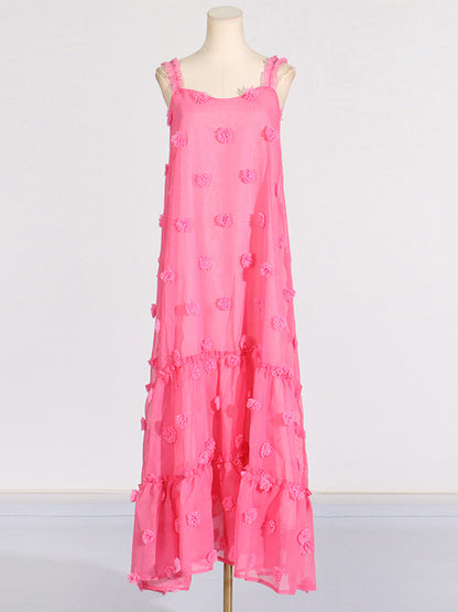 A-line High Waisted Layered Pleated Split-joint Three-dimensional Flower Spaghetti-neck Maxi Dresses