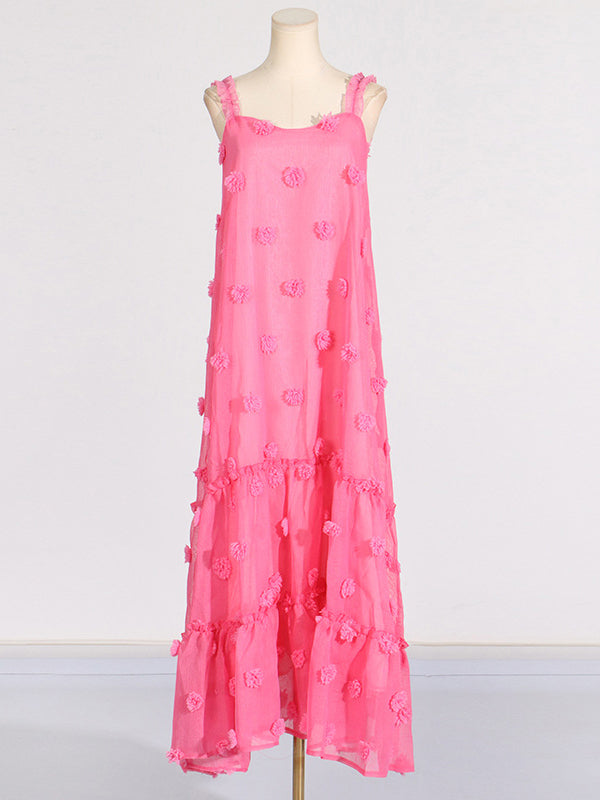 A-line High Waisted Layered Pleated Split-joint Three-dimensional Flower Spaghetti-neck Maxi Dresses