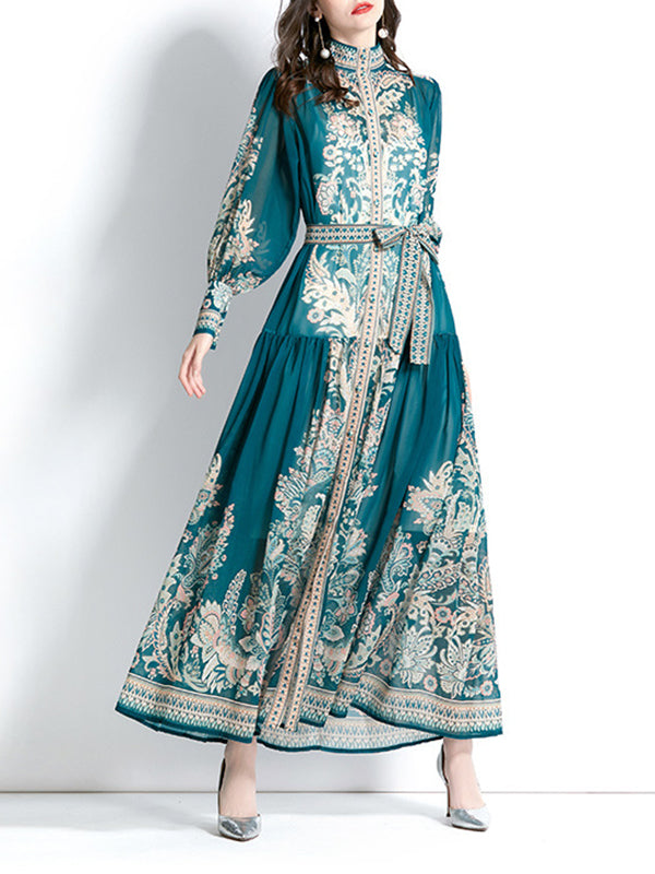 A-line Puff Sleeves Printed See-through Tied Waist Stand Collar Maxi Dresses