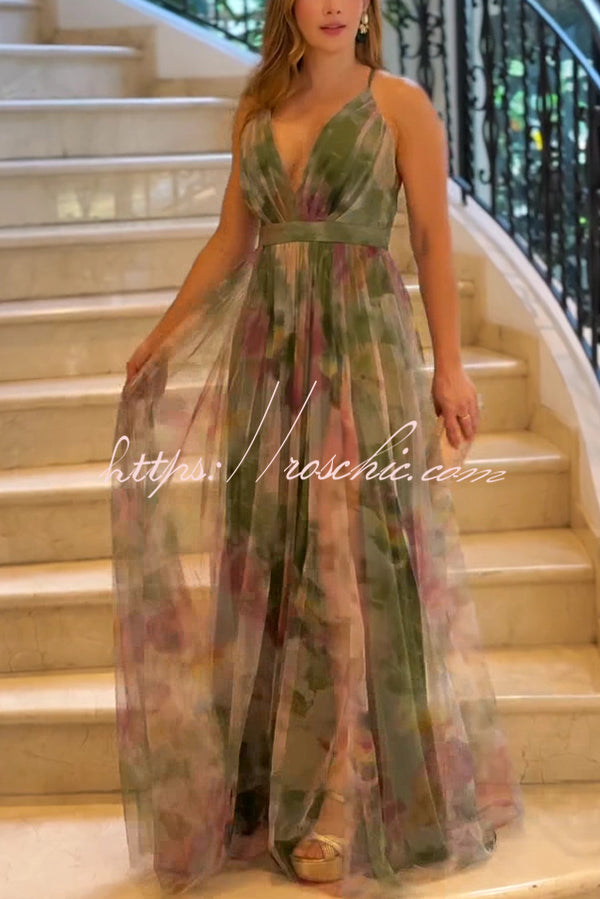 Kerrie Tulle Render Print Cross Back Straps Maxi Dress